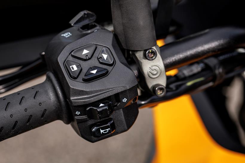 Detailed shot of the 2024 Moto Guzzi's lefthand switch gear. 