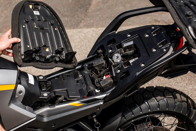 Close up of the under seat arrangement on the 2024 Moto Guzzi Stelvio