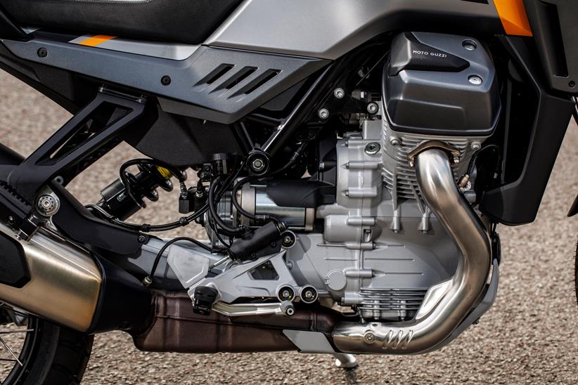 A close up of the 2024 Moto Guzzi Stelvio right hand side engine