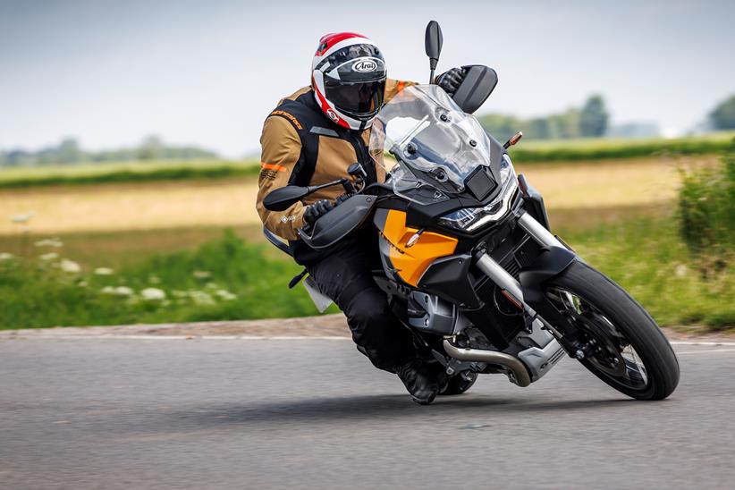 2024 Moto Guzzi Stelvio leaning into a right hand bend