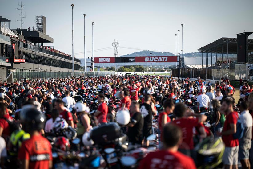 Thousands of riders and bikes parked on the Misano circuit during the parade event