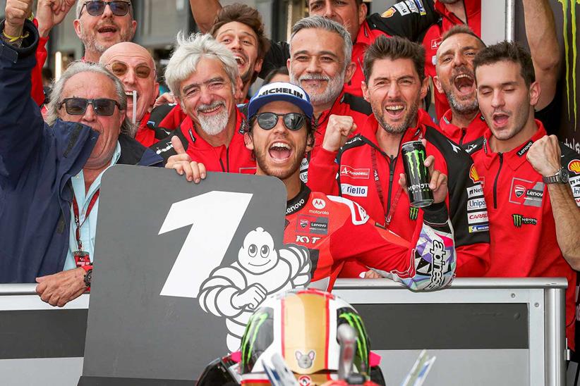 Enea Bastianini celebrates victory at Silverstone with the Ducati team