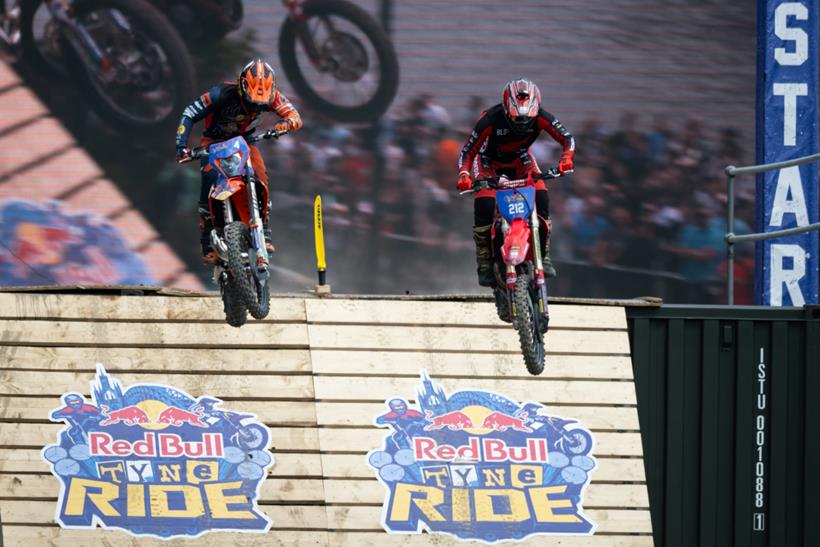 Two riders jump off obstacle at Red Bull Tyne Ride