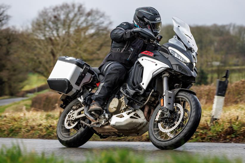 Ducati Multistrada V4 Rally cornering on road