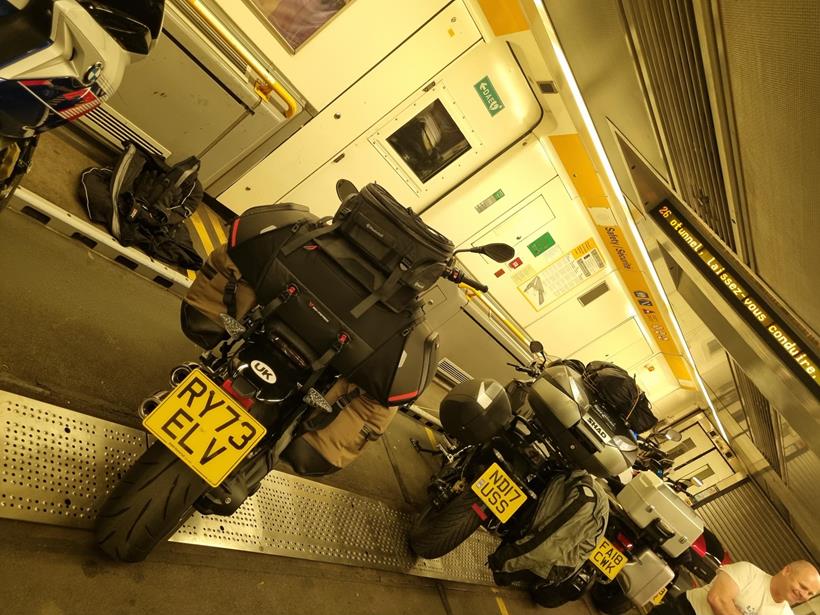 The BMW R12 NineT on the Channel Tunnel train