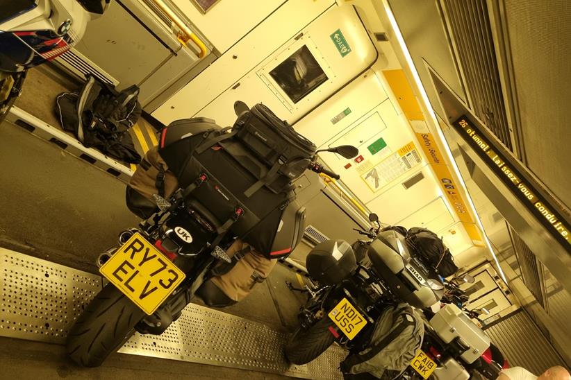 The BMW R12 NineT on the Channel Tunnel train