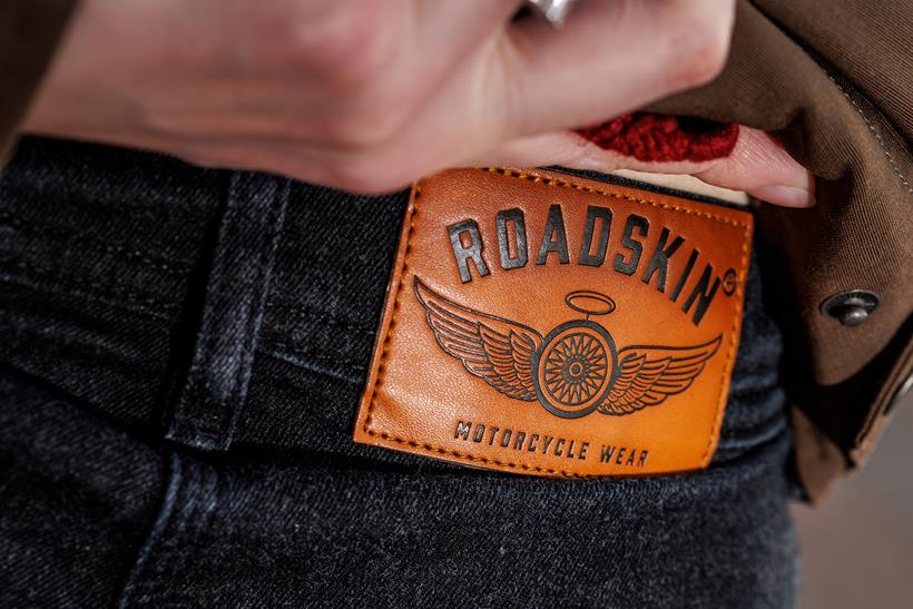 The Roadskin Taranis Elite Ladies motorcycle jeans, close up of the Roadskin patch logo