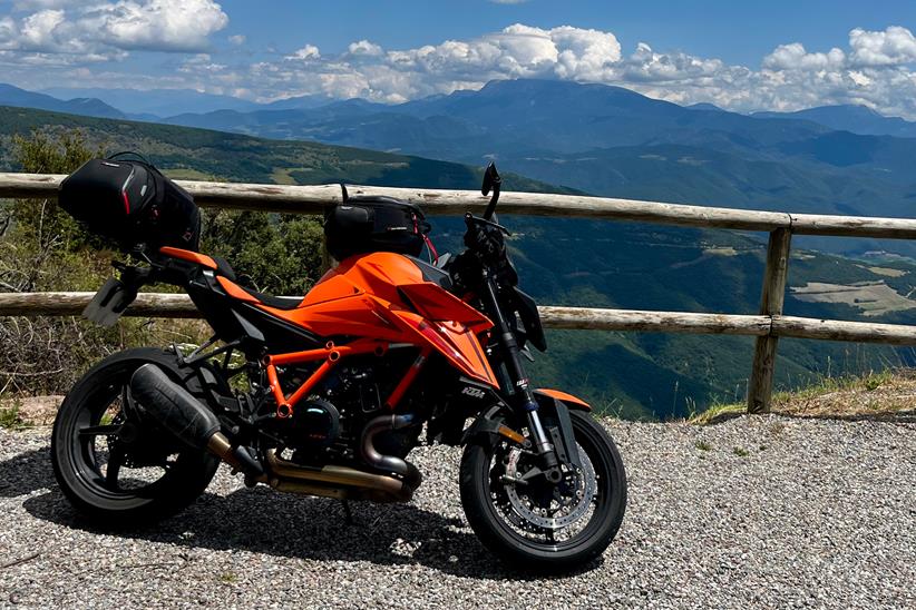 KTM 1390 Super Duke R Evo in front of mountains