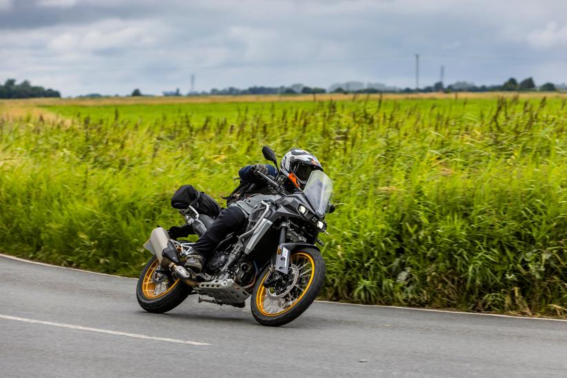 Cornering on the road on the Kove 800X Pro