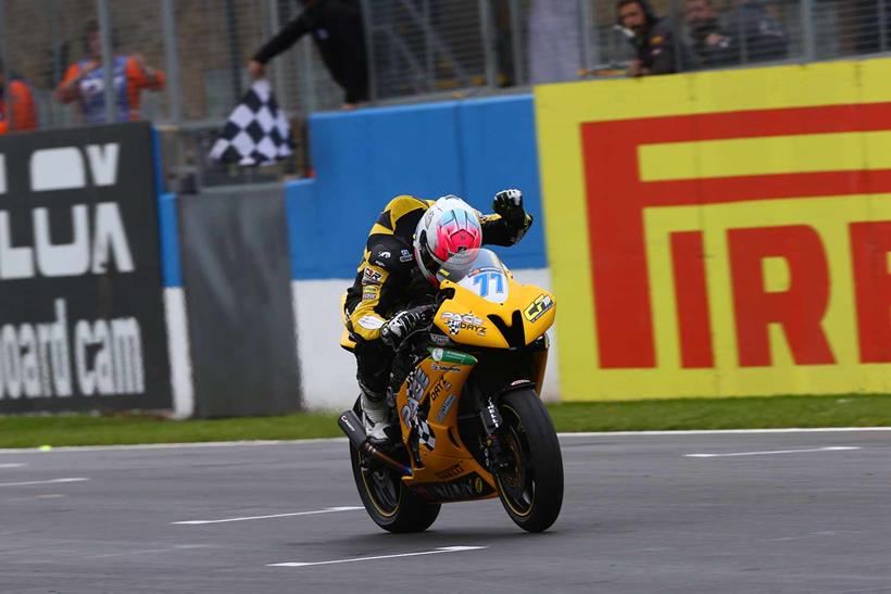 Kyle Ryde crosses the line in third at Donington Park during the 2015 World Supersport season.