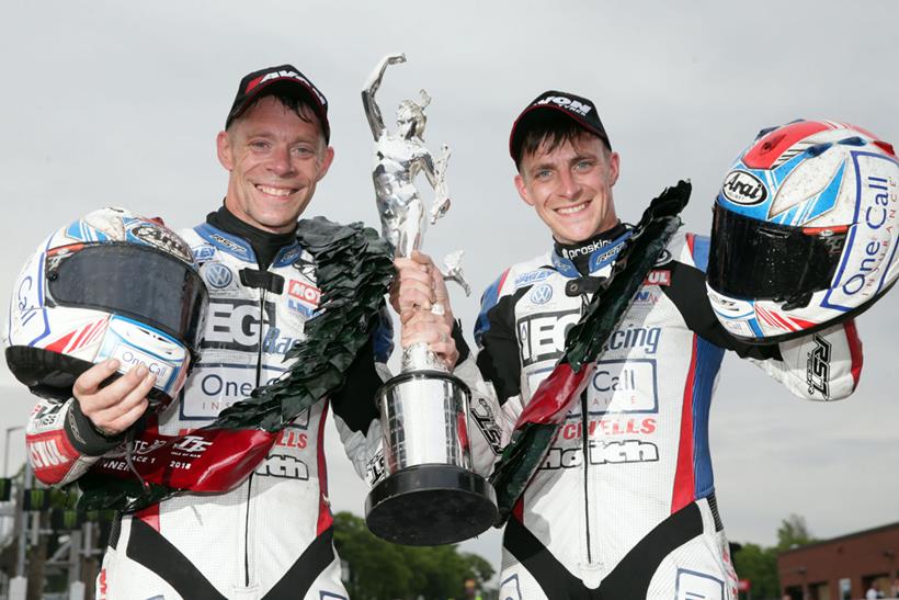 Ben and Tom Birchall with Isle of Man TT winners trophy