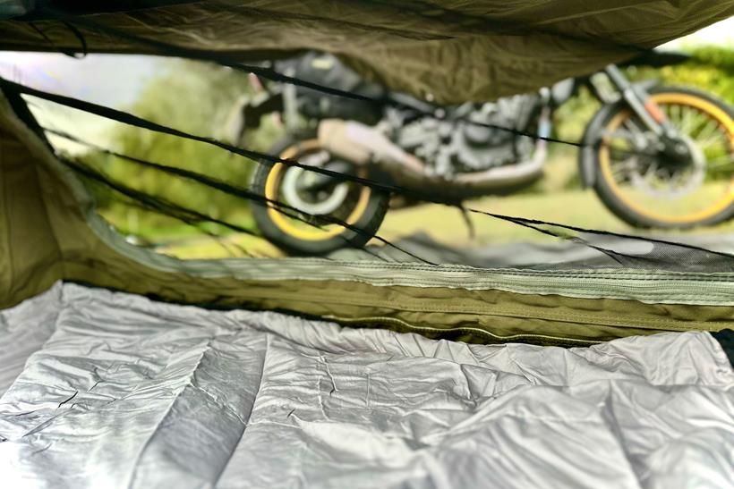 Wingman of The Road Goose Tent from inside looking out out the motorcycle