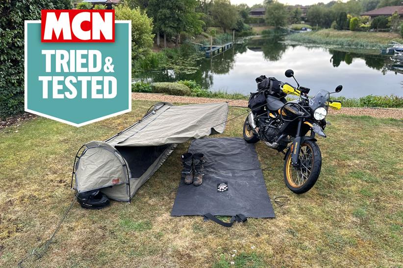 Wingman Of The Road Goose Tent set up with Royal Enfield Himalayan motorcycle