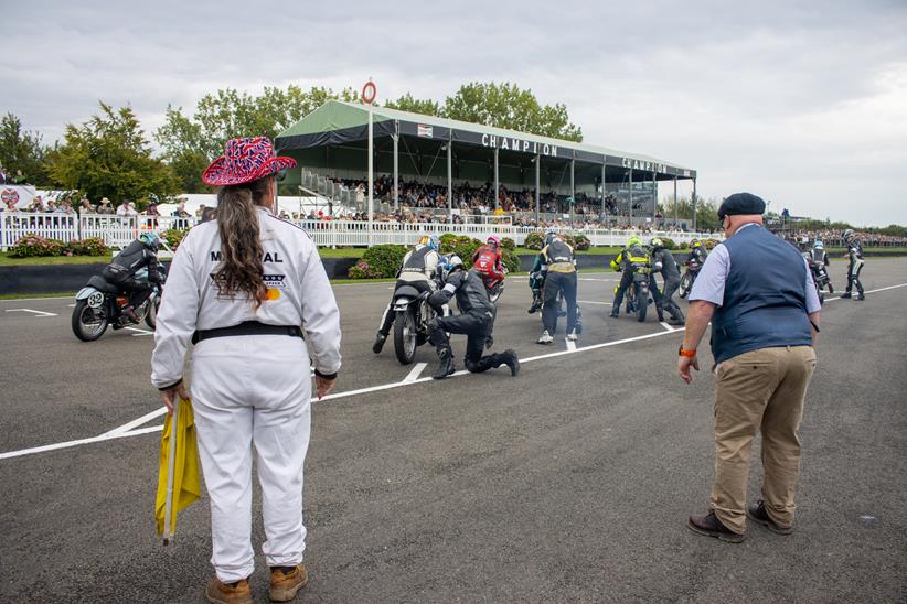 Riders leaving the start line at the Goodwood Revival