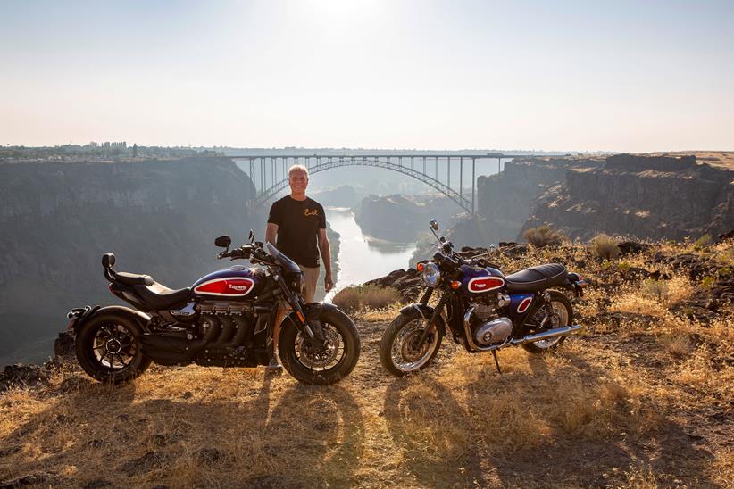 Kelly Knievel with the custom painted Triumph Rocket 3 and Bonneville T120