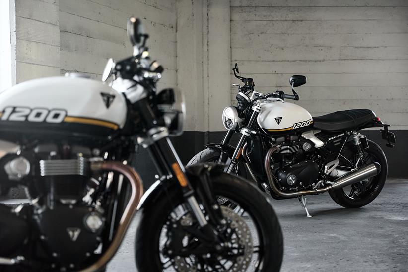 A pair of Triumph Speed Twin 1200s parked together