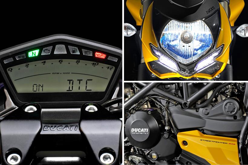 Ducati Streetfighter 848 dash, headlamp, and engine