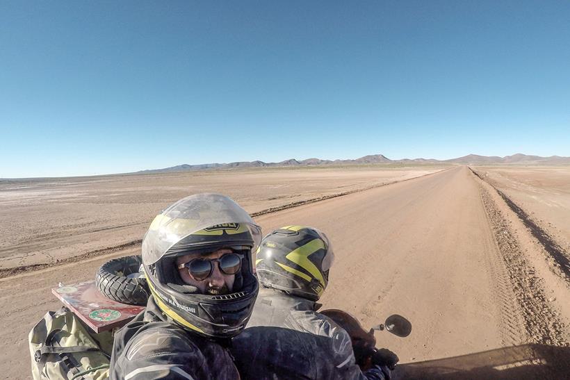 Sidecar Guys selfie riding through desert