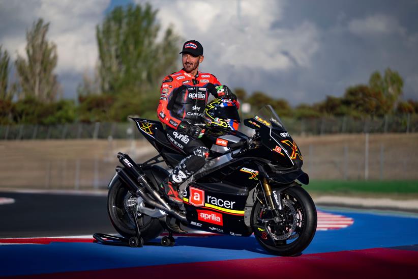 Aprilia RSV4 X ex3ma side shot on paddock stand