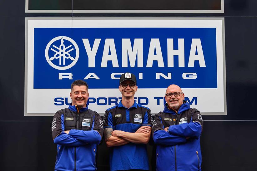 Back home! Bradley Ray with OMG Racing Yamaha's Paul Curran (left) and Alan Gardner (right)