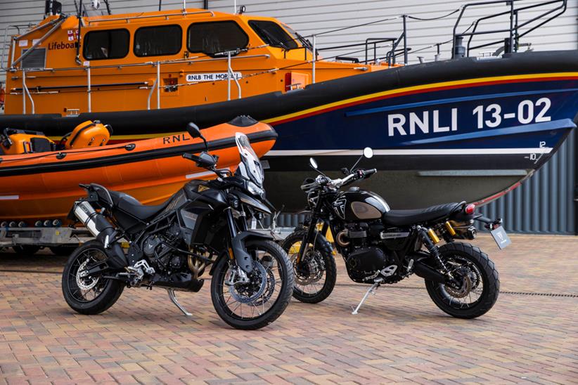 Triumph Tiger 900 Bond Edition and Triumph Scrambler 1200 Bond Edition with RNLI lifeboat