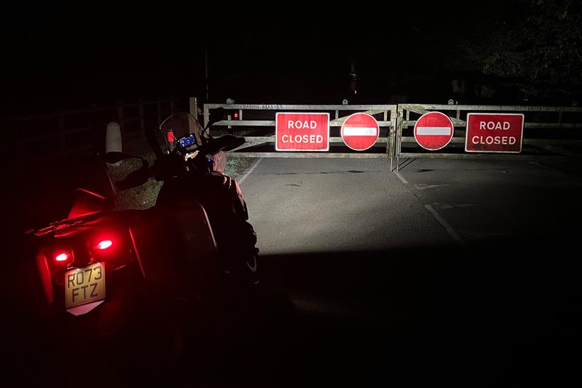 BMW R1300GS blocked by closed road