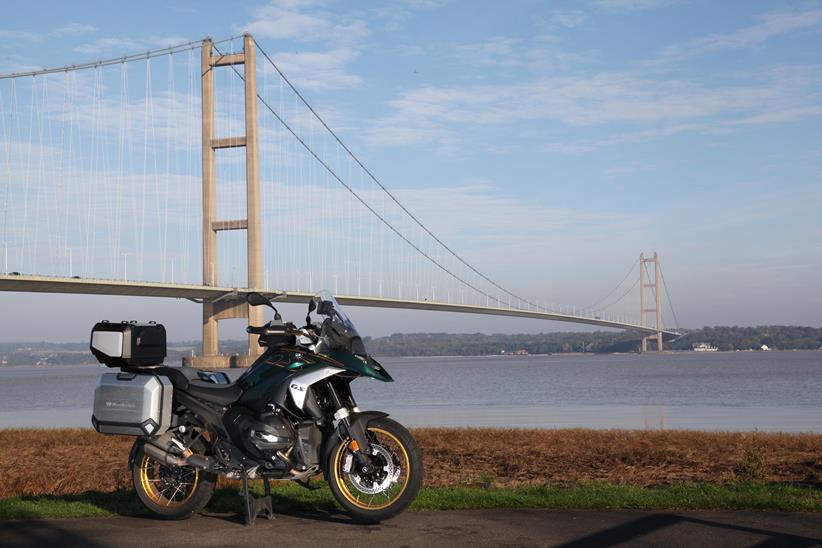 BMW R1300GS in front of the Humber Bridge