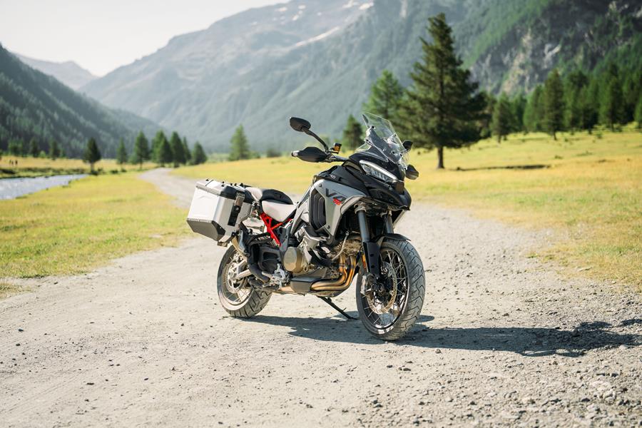 2025-on Ducati Multistrada V4S static shot of the bike on gravel