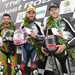 Lee Johnston (East Coast Construction Triumph) celebrates winning the second Supersport race at the Ulster Grand Prix with runner up Glenn Irwin (Gearlink Kawasaki) and third placed Ian Hutchinson (TTC Yamaha).