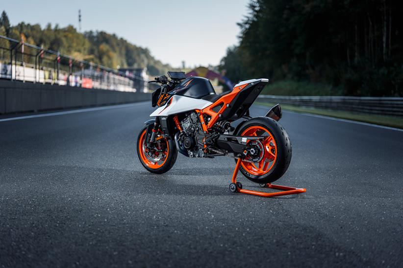 KTM 990 Duke R on a paddock stand