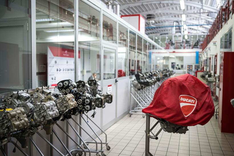 2025 Ducati V2 engine on a factory floor