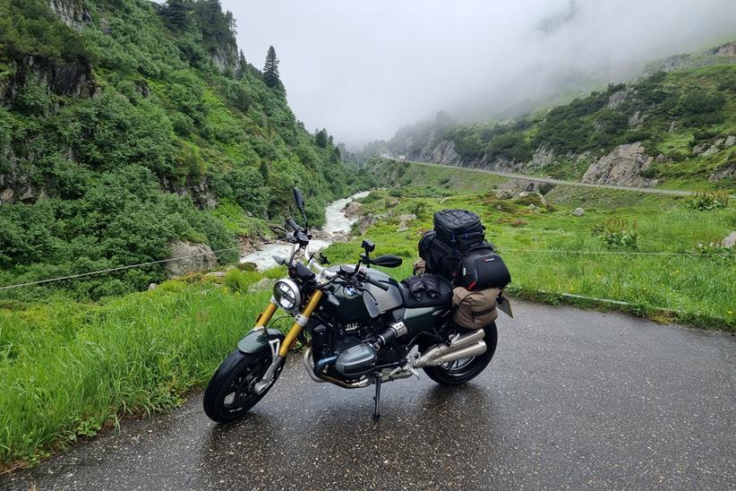 BMW R12 nineT parked at the roadside in the Alps