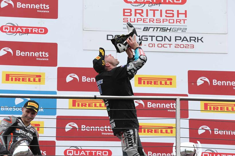 Ben Currie celebrates capturing the Supersport crown at Donington in 2022.