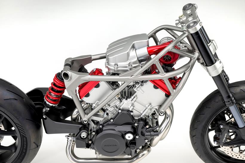 Honda V3 engine in rolling chassis off side close up