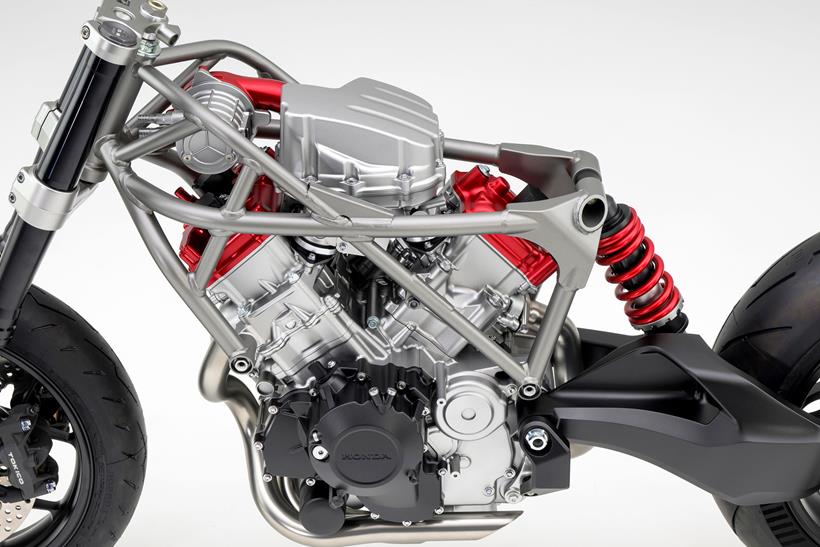 Honda V3 engine in rolling chassis near side close up