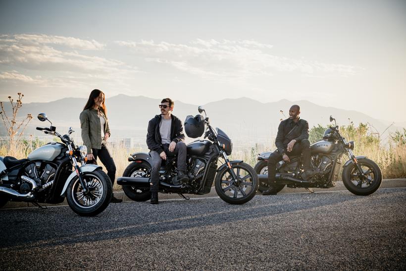 A group of Indian Scout Sixty motorcycles parked together