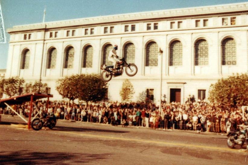 Evel Knievel jumping a Triumph in San Francisco in 1967