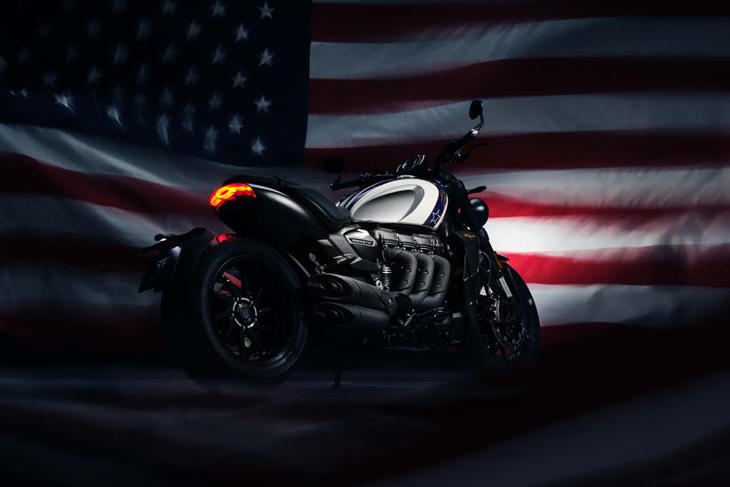 A rear view of the Triumph Rocket 3 Evel Knievel special edition