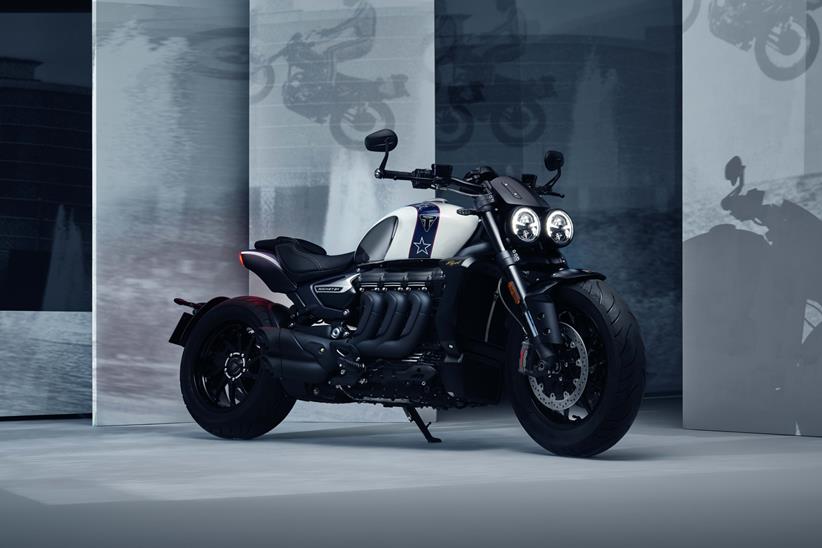 Three-quarter view of the Evel Knievel special edition of the Triumph Rocket 3