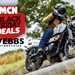 A Triumph Scrambler being ridden by Ben Clarke, with MCN's Black Friday Deals logo