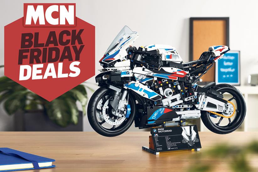 A LEGO Technic model of the BMW M1000RR, with MCN's 'Black Friday Deals' logo