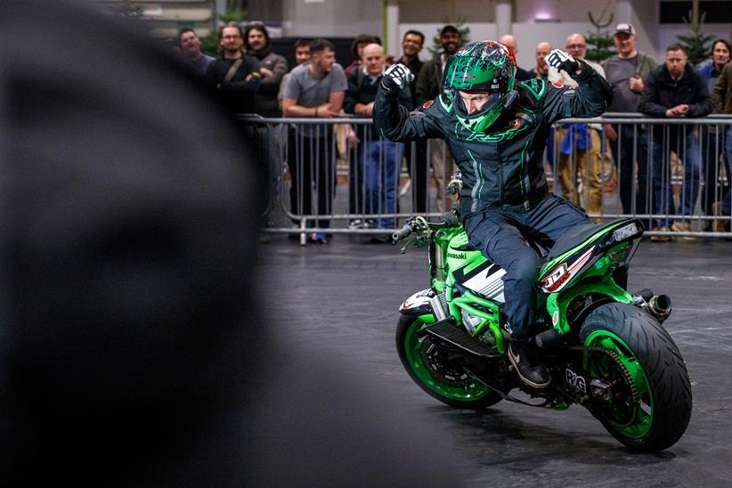 JD Stunts performing aboard his Kawasaki ZX-6R