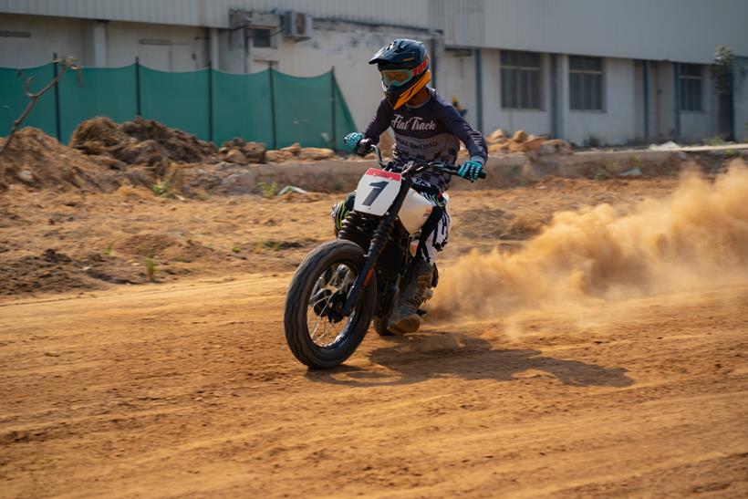 Royal Enfield FT450 sliding on a flattrack course