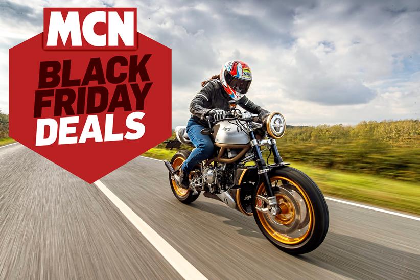 MCN's Emma Franklin Riding the Langen Two Stroke motorcycle, with MCN's Black Friday Deals logo