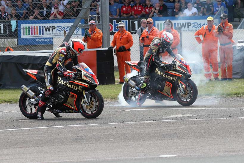 Burnouts from Bathams Racing's Michael Rutter and Taylor Mackenzie in 2019.