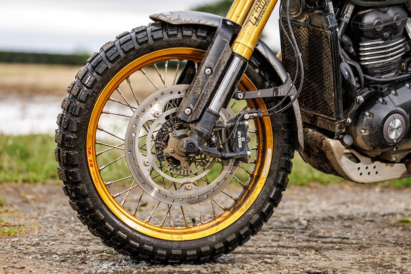 Rally Raid Triumph Scrambler 400 X front wheel detail