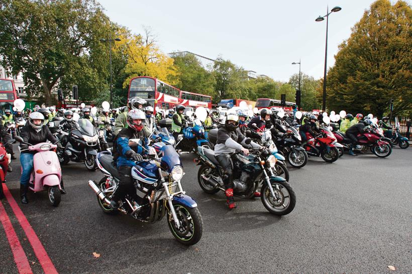 Large group of motorcyclists in town