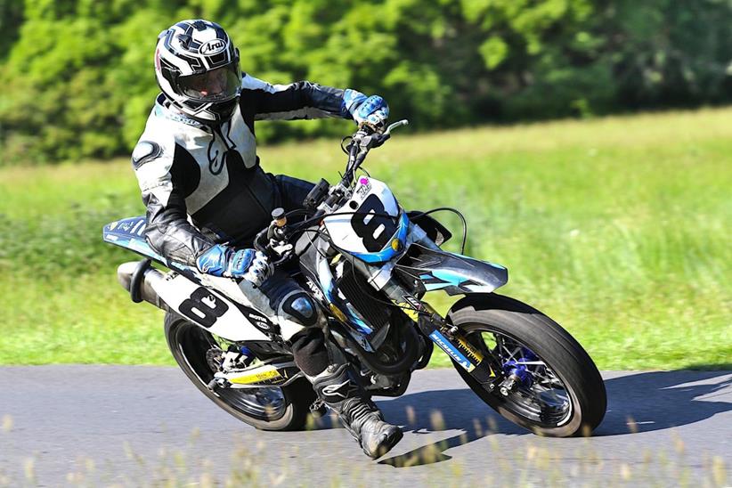 Supermoto rider cornering at Shelsley Walsh hill climb