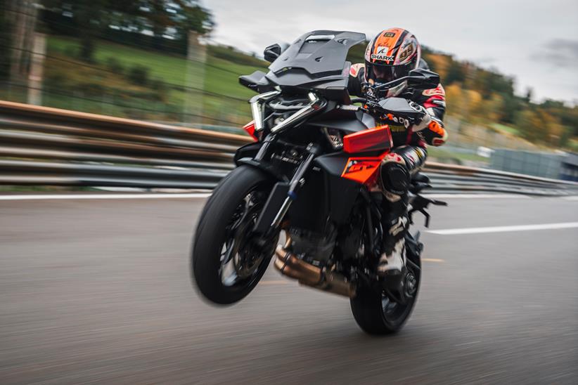 Jeremy McWilliams pulling a wheelie aboard the new KTM 1390 Super Duke GT