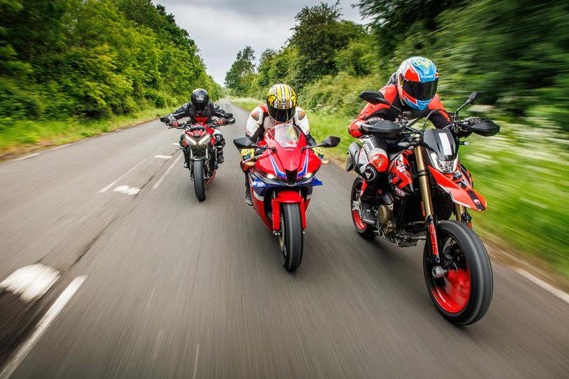 Ducati Hypermotard ridden with a Honda CBR600RR and Triumph Street Triple